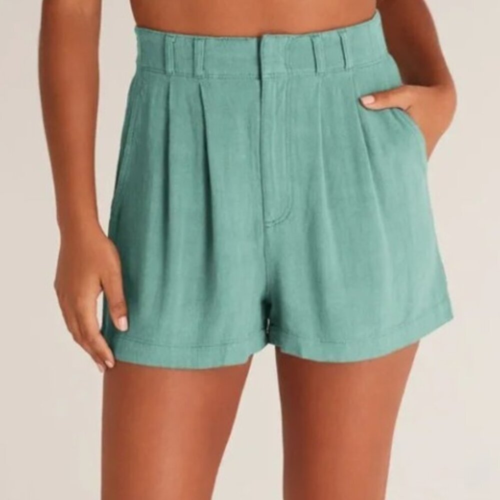 New Z SUPPLY Women Large Sage Green Farrah Linen Blend Pleated‎ Shorts Beach